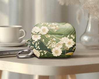 White Flower AirPods Gen 4 Case Sleek Japanese Floral AirPods Pro 2 Cover Birthday Gift for Flower Lover with Easy Carry Metal Keychain Ring