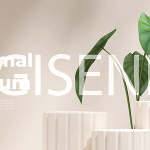 May include: Three white cylindrical podiums with a green leafy plant in a white pot on the top podium. The text "Minimal Podium" is in white on a light beige background.