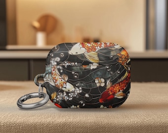 AirPods Pro 2 Case Cover Japanese Koi Luxury Airpods Gen 4 Diamond Scale Fish & Water Lilies on Black with Gemstone Accents Opulent Art A10