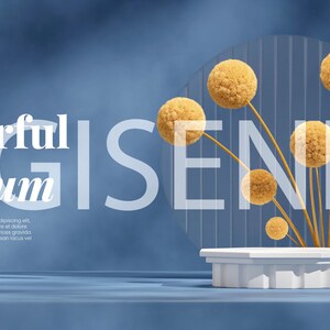 May include: A white podium with a round, clear, glass cylinder behind it. The cylinder has a grid pattern and contains yellow, fluffy, round objects on stems. The background is a blue gradient.