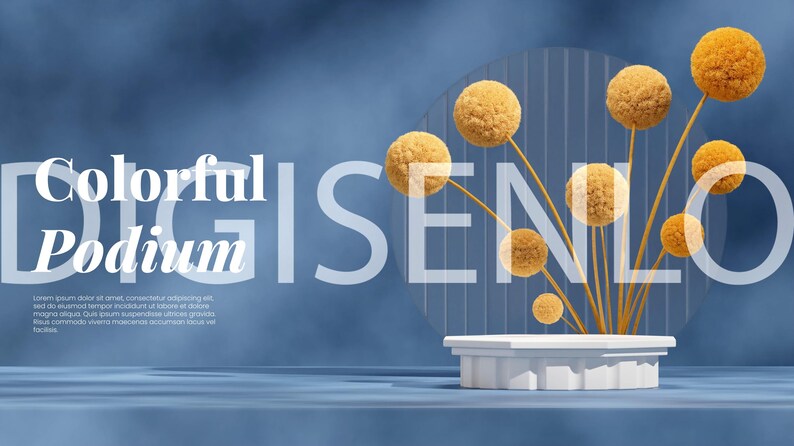 May include: A white podium with a round, clear, glass cylinder behind it. The cylinder has a grid pattern and contains yellow, fluffy, round objects on stems. The background is a blue gradient.