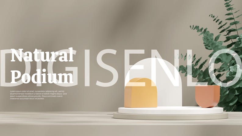 May include: A white podium with a yellow and orange geometric shape on top. The podium is on a light brown surface with a green plant in the background. The text "Natural Podium" is visible in the image.