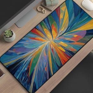 Prismatic Floral Burst Desk Mat Anniversary Gift for Artist Studio Setup Bohemian Style Workspace Large Oversized Fabric Deskpad D162