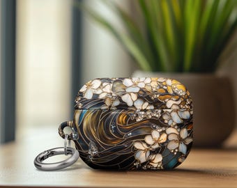 Vintage Airpod Pro 2 Case Stained Glass Effect Bloom Floral Airpod Pro 1 Case with Metal Keychain Ring for Birthday Gift Lover Idea