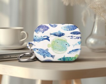 Airpods Gen 4 CaseWatercolor Fish AirPod Pro 2 Case Whimsical Playful Pattern Blue Green White Ocean Aquatic Art School of Fish Themed Cover
