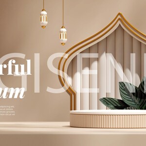May include: A beige round podium with a white top sits in front of a decorative archway with gold accents. The archway is decorated with green leaves and has a white background. The text "Colorful Podium" is displayed on the left side of the image.