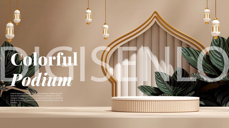 May include: A beige round podium with a white top sits in front of a decorative archway with gold accents. The archway is decorated with green leaves and has a white background. The text "Colorful Podium" is displayed on the left side of the image.