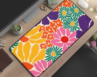 Tappetino per mouse da scrivania con motivi floreali retrò audaci, design a colori piatti, regalo di Natale per ufficio, grande tappetino per mouse esteso, stampa artistica massimalista D0003