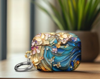 Stained Glass Effect Airpod Pro 2 Case Cover Vintage Floral Wave Airpod Pro 1 Birthday Gift Earbud Cover with Metal Keychain Ring AirPods 4