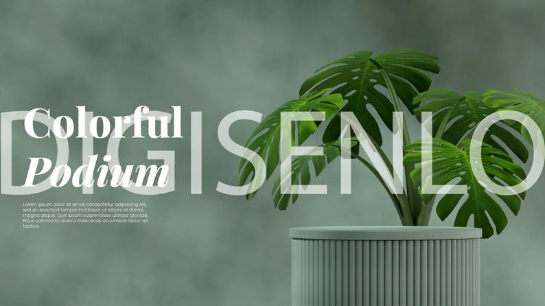 May include: A white cylindrical podium with a green leafy plant in a pot on top. The text "Colorful Podium" is written in white on a green background.