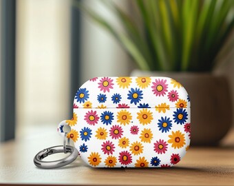 Airpods Pro 2 Case Vibrant Daisy White Background Floral Airpods Pro 1 Case Yellow Blue Pink Flower Airpods Gen 4 Case Cover Birthday Gift