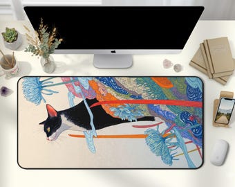 Japanese Ukiyo-e Style Tuxedo Cat Desk Mat Aesthetic Floral Art Mousepad Large Zen Garden Office Decor Unique Artistic Workspace Gift D173