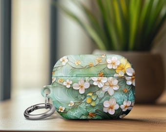 Stained Glass Effect Airpod Pro 2 Case White Green Floral Airpod Pro 1 Case with Birthday Gift with Metal Keychain Ring AirPods Gen 4 Case