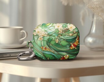 AirPods Pro 2 Case Cover Tiffany Style Koi Art Airpods 4 Blooming Cherry Blossoms Playful Fish Shimmer Droplets on Soft Green Whimsical A13