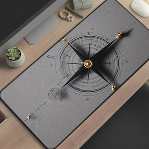 May include: Gray rectangular desk mat featuring a compass rose design. The compass has black and gold accents. The mat is surrounded by a black border. A computer monitor, mouse, and other desk accessories are visible.