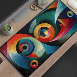 May include: A rectangular desk mat with a colorful abstract design. The artwork features swirling patterns in shades of red, orange, yellow, green, and blue against a black background. The mat is designed to protect a desk surface.