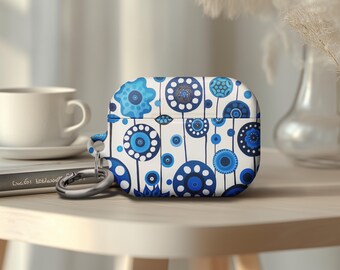 AirPods Gen 4 Blue Flower Pattern Protective Cover Airpods Pro 2 Hard Case White and Blue Floral Airpods Pro 1 Case with Keychain Gift