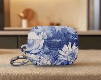 Airpods Gen 4 Case Cover Blue White Vector Floral AirPod Pro 2 Case Gift Peonies Tulips Foliage Botanical Art Cover for Women Airpod Pro 1
