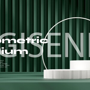 May include: Geometric podium with two white platforms, one round and one square, against a green striped background. The text "Geometric Podium" is visible in the image.