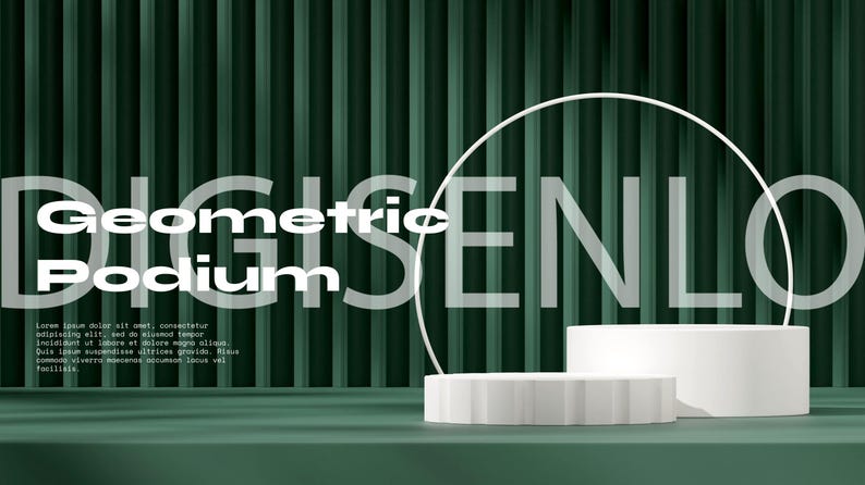 May include: Geometric podium with two white platforms, one round and one square, against a green striped background. The text "Geometric Podium" is visible in the image.