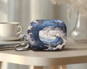 Airpods Gen 4 Japanese Wave Vortex AirPod Pro 2 Case Birthday Gift Dark Blue White Swirling Clouds Hokusai Style Ocean Art Cover Art Lover