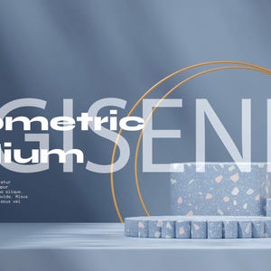 May include: A three-tiered geometric podium made of light blue terrazzo with a gold ring above. The podium is on a light blue surface. The text "Geometric Podium" is in white letters on a blue background.