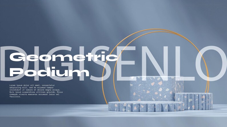 May include: A three-tiered geometric podium made of light blue terrazzo with a gold ring above. The podium is on a light blue surface. The text "Geometric Podium" is in white letters on a blue background.