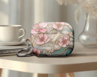 Pastel Pink Blossom Stained Glass Airpod Case, Keychain Protective Cover for AirPods Pro 2 Airpods Gen 4 Durable Scratches Free Material
