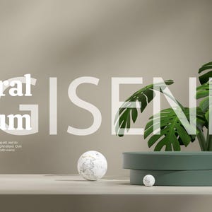 May include: A green podium with two tiers sits on a light brown surface. A leafy green plant with large leaves sits on top of the podium. Two white marble spheres are on the surface, one in front of the podium and one to the right. The text "Natural Podium" is in white letters on a light brown background.