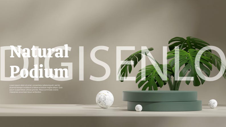 May include: A green podium with two tiers sits on a light brown surface. A leafy green plant with large leaves sits on top of the podium. Two white marble spheres are on the surface, one in front of the podium and one to the right. The text "Natural Podium" is in white letters on a light brown background.