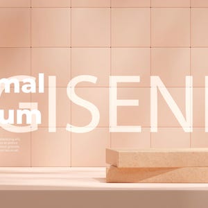 May include: A two-tiered, light brown cardboard podium sits on a light pink tiled surface. The text "Minimal Podium" is written in white on the wall behind the podium.