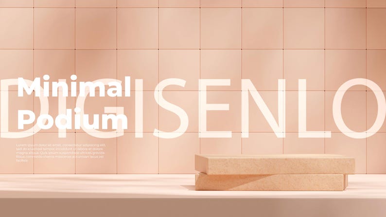 May include: A two-tiered, light brown cardboard podium sits on a light pink tiled surface. The text "Minimal Podium" is written in white on the wall behind the podium.