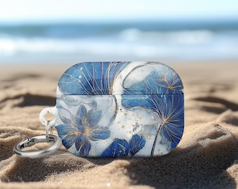 Airpods Gen 4 Case Cover Luxury Lotus AirPod Pro 2 Case Birthday Gift Dark Blue Gold Glitter White Marble Swirling Motifs Cover for Her