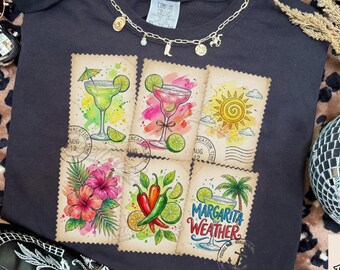 Koszulka z nadrukiem Summer Margarita w formacie PNG, Letnie znaczki w formacie PNG, Wycieczka dla dziewcząt Coastal Postage w formacie PNG, Koszulka z nadrukiem Summer Beach w formacie PNG, Projekt koszulki dla miłośników Margarity