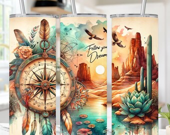 Owijka na kubek Dreamcatcher, Boho Dreamcatcher Follow Your Dreams 20oz Sublimacja Wzór na kubek, Owijka na kubek Feather, Boho Tumbler PNG