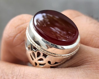 Handgemaakte Jemenitische Aqeeq-agaatring, natuurlijke sterlingzilveren herenband