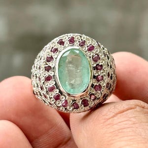 Natural Panjsher Emerald Sterling Silver 925 Handmade Traditional Ring with Natural Small Ceylon Blue Sapphire Ring Natural Ruby Ring