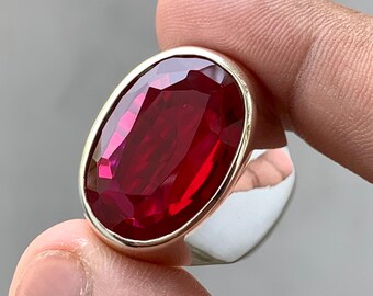 Handcrafted 40 Carats Deep Red Ruby Mens Ring Sterling Silver 925 Anari Yaqoot Ring Ruby Gemstone Ring
