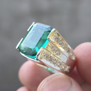 10-karaats smaragdring heren, sterlingzilver, in het lab gemaakte edelsteenring