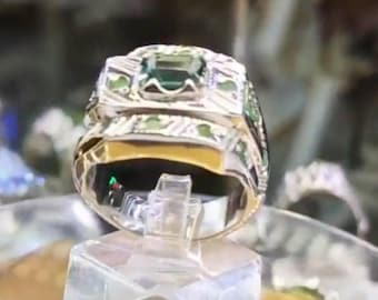 Men's Emerald Ring, Rich Green Natural Stone, 925 Sterling Silver