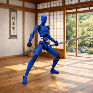 May include: A blue articulated figure in a martial arts stance, holding a silver sword. The figure is in a traditional Japanese room with wooden floors and shoji screens. A scroll hangs on the wall.