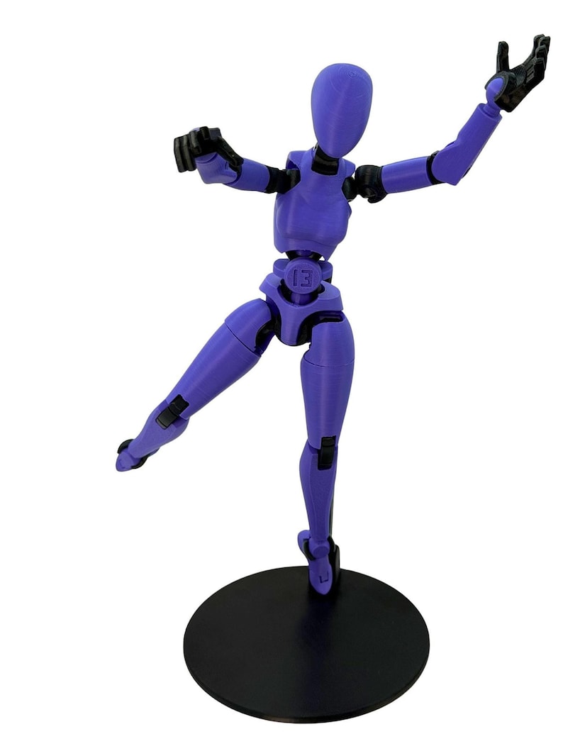 A purple 3D-printed articulated action figure posed dynamically on a black circular stand.