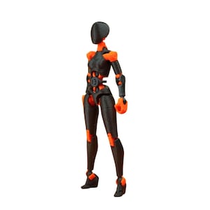 A black and orange articulated action figure standing upright on a white background.