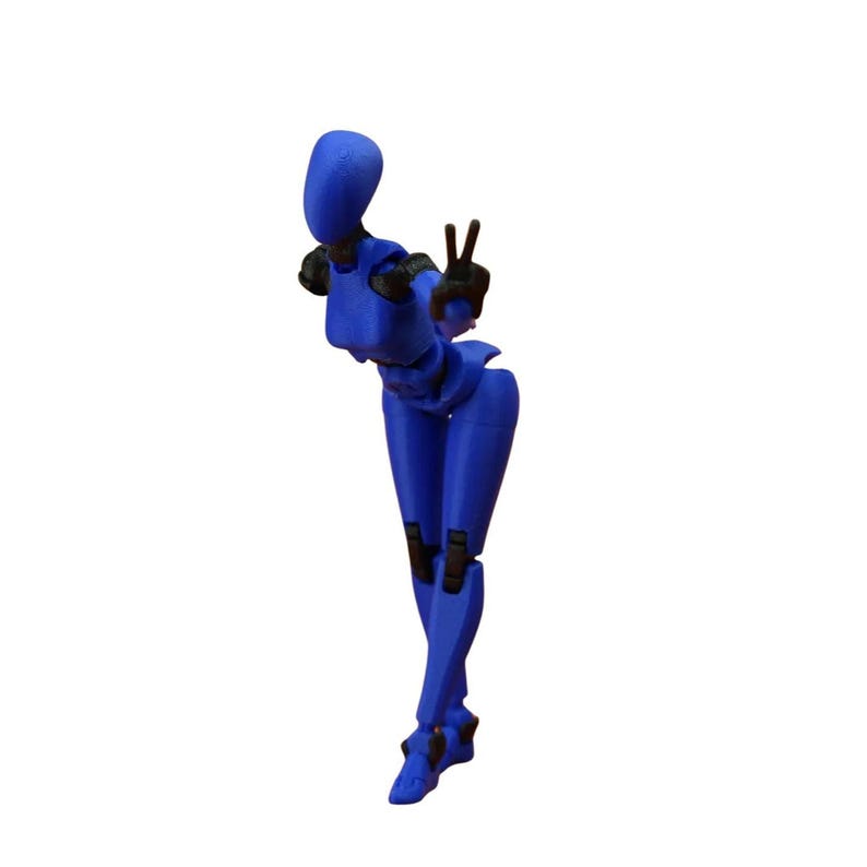 A blue and black articulated action figure bending forward and flashing a peace sign against a white background.