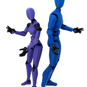 Two articulated action figures, one purple and one blue, standing back-to-back with outstretched hands.