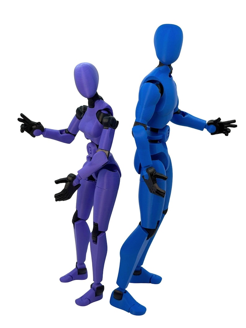 Two articulated action figures, one purple and one blue, standing back-to-back with outstretched hands.