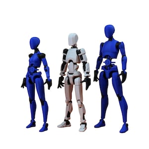 Three articulated 3D-printed action figures standing side-by-side, with the left and right figures in blue and the center figure in white with black joints.