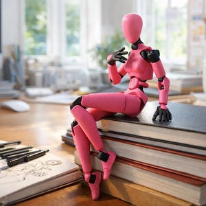 A pink fully articulated action figure sitting on a stack of books in an office setting.