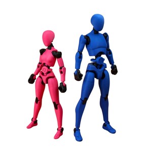 Two articulated 3D-printed action figures standing against a white background, one pink on the left and one blue on the right, both with black joints.