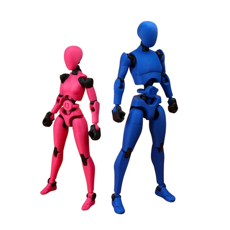 Two articulated 3D-printed action figures standing against a white background, one pink on the left and one blue on the right, both with black joints.
